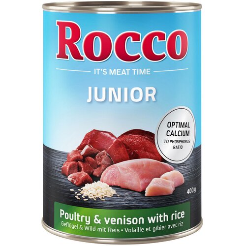  Varčno pakiranje Rocco Junior 24 x 400 g - Perutnina z divjačino & rižem Cijene
