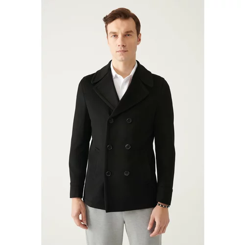 Avva Men's Black Double Breasted Collar Woolen Cachet Comfort Fit Relaxed Cut Coat