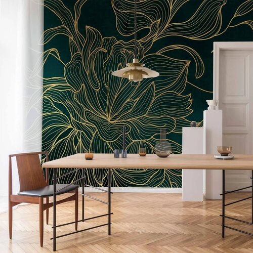  Foto tapeta - Green boudoir - linear drawing of a flower in golden colours on a dark background 100x70 Slike