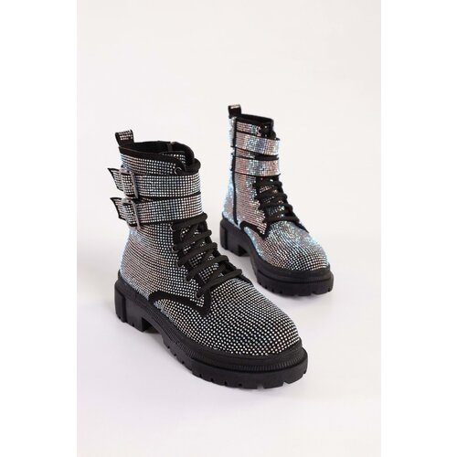 Shoeberry Women's Axandra Black Suede Thick Sole Stone Boots Black Suede Slike