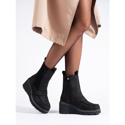 SHELOVET Black suede boots, heeled ankle boots Cene