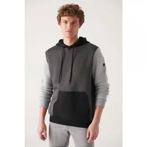 Avva Men's Anthracite-Grey Hooded Collar 3 Thread Fleece Colorblock Standard Fit Regular Fit Sweatshirt