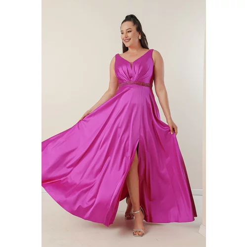 By Saygı V-Neck Plus Size Satin Dress with Thick Straps and Beaded Lined Waist
