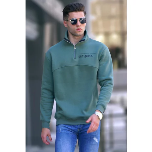 Madmext Khaki Green Printed Zippered Sweatshirt 6001