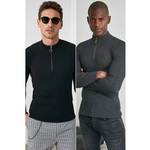Trendyol Black-Anthracite Men's Slim Fit Half Turtleneck Zipper Collar 2-Pack Sweater