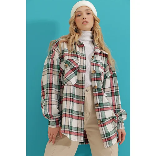 Trend Alaçatı Stili Women's Emerald Green Checkered Stamped Cotton Oversized Safari Jacket Shirt