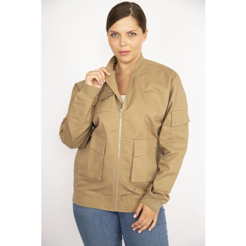 Şans Women's Camel Plus Size Coat, Front Zipper, Pocket Detail, Unlined. Cene