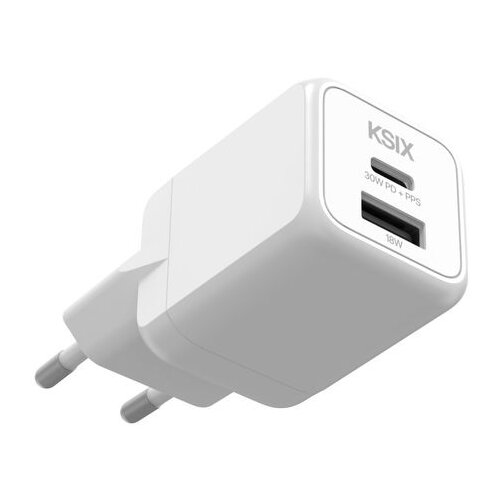 Ksix Gan ultrabrzi zidni punjač 30W PD &amp;amp; PPS, 1 x USB-C + 1 x USB-A, bijeli Slike