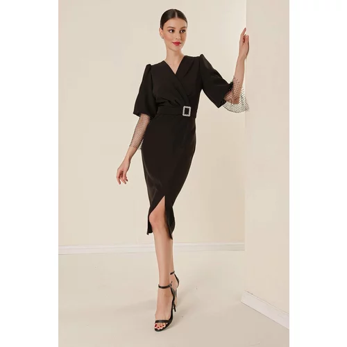 By Saygı Double-breasted Collar Waist With Buckles, Fishnet Beads Detailed Balloon Sleeves Wide Body Range Dress Black.