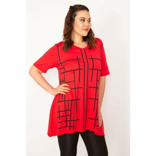 Şans Women's Plus Size Red V-Neck Front Printed Tunic