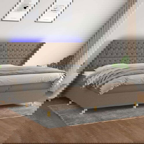  Krevet box spring s madracem LED smeđesivi 200x200 cm tkanina Slike