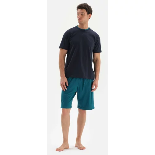 Dagi Navy Blue Crescent Collar Shorts and Knitted Pajamas Set