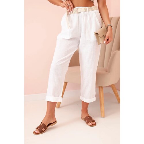 Kesi Włoski Women's linen cotton pants with a belt white Cijene