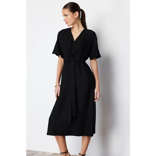 Trendyol Black Tie Detailed A-line/Bell Form Midi Woven Dress