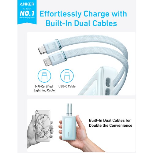 Anker Zolo Powerbank 10000 mAh, 30W z vgrajenima kabloma USB-C + Lightning, moder Cene