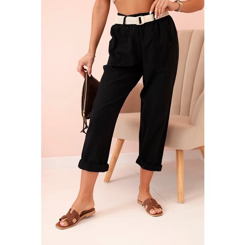 Kesi Włoski Women's linen cotton pants with a belt black Cijene