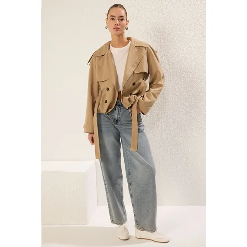 Trendyol Mink Belted Regular Short Trench Coat