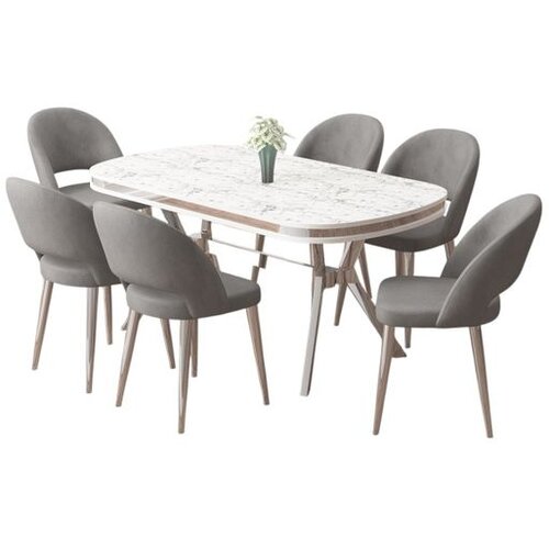 Hanah home trpezarijski set Jita, sto i 6 stolica, ploča u dekoru belog mermera, hromirane noge, siva tkanina Babyface Cene