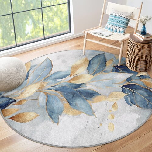 Mila Home modra/zlata pralna okrogla preproga &amp;oslash; 100 cm golden leaves &amp;ndash; Slike