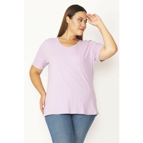 Şans Women's Plus Size Lilac Cotton Fabric V-Neck Short Sleeve Blouse Slike