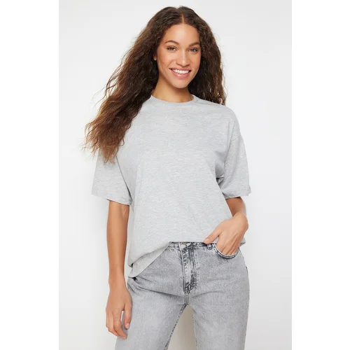 Trendyol Gray Melange 100 Cotton Crew Neck Boyfriend/Wide Fit Knitted T-Shirt