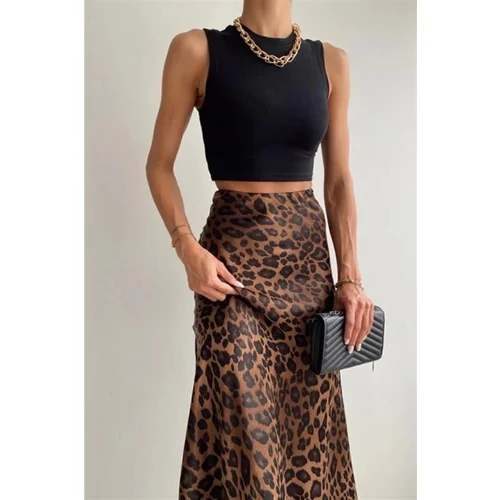 Dewberry 68223 Leopard Pattern Satin Midi Length Skirt-BLACK-BROWN