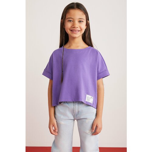 GRIMELANGE Verena Girls' 100% Cotton Double Sleeve Ornamental Label Purple T-shir Slike