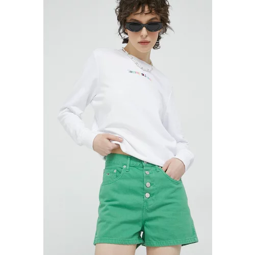 Tommy Jeans Traper kratke hlače za žene, boja: zelena, glatki materijal, visoki struk