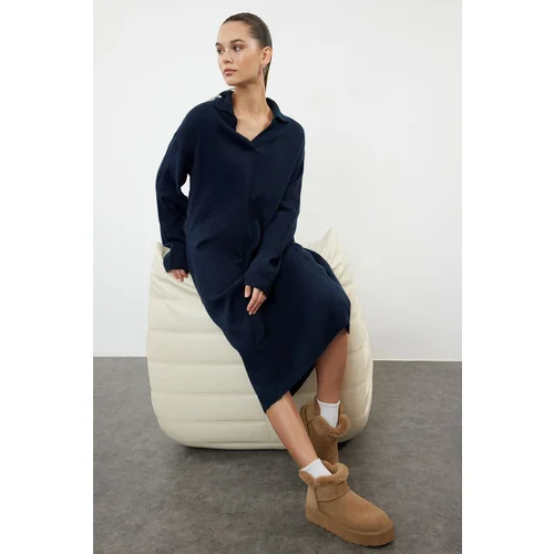 Trendyol Navy Blue Care Collection Midi Knitwear Soft Textured Dress