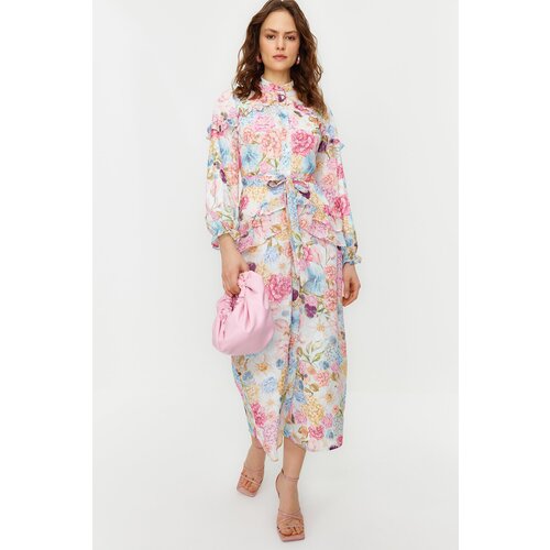 Trendyol Lilac Floral Ruffle Detailed Lined Woven Chiffon Dress Slike