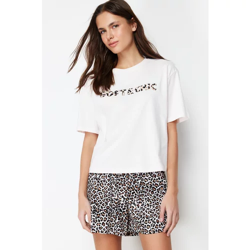 Trendyol White-Multi Color 100% Cotton Leopard Tshirt-Shorts Knitted Pajamas Set