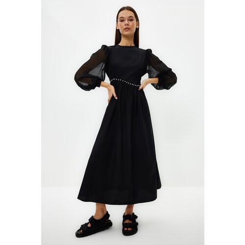 Trendyol Black Sleeve Chiffon Waist Pearl Detailed Evening Dress Slike