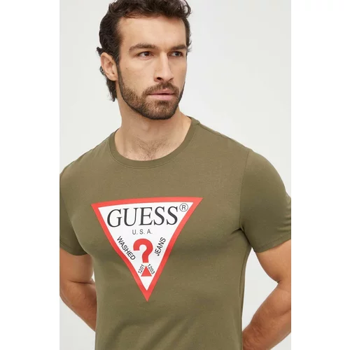 Guess Bombažna kratka majica moški, zelena barva