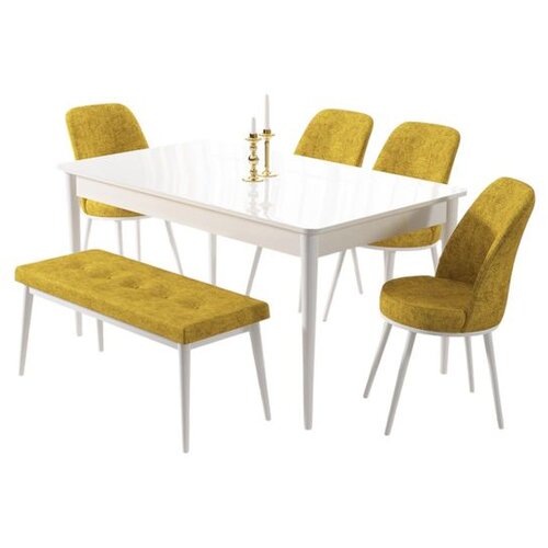 Hanah home trpezarijski set Pir, sto, 4 stolice i klupa, bela ploča, senf žuta tkanina Babyface Cene