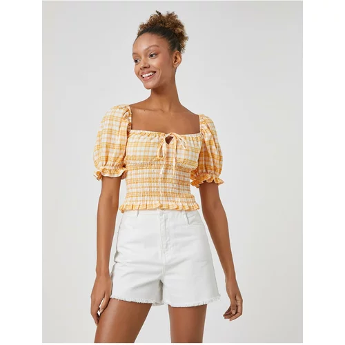 Koton Crop Blouse with Balloon Sleeves Gippe Detailed Square Neck.