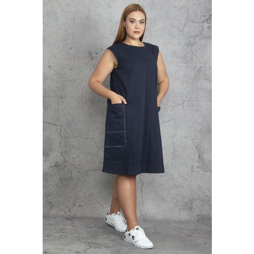 Şans Women's Large Size Navy Blue Contrast Stitching Detailed Pocket Gabardine Fabric Dress Cene