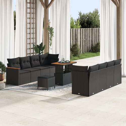 vidaXL 11-dijelni vrtni sofa set s jastučićima Crni Poli Ratan Akacija, 3-dijelni vrtni ručak set s jastučićima Crni Poli Ratan Akacija Cene