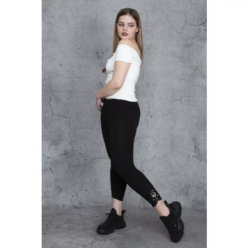 Şans Women's Large Size Black Lace Detailed Leggings Trousers