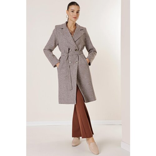 By Saygı Double Breasted Neck Lined Side Pockets Belted Waist Herringbone Imported Cachet Coat Slike
