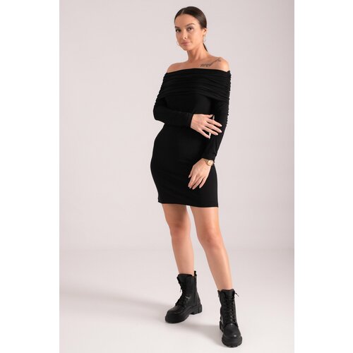 armonika Women's Black Fitted Carmen Collar Lycra Long Sleeve Mini Dress Slike