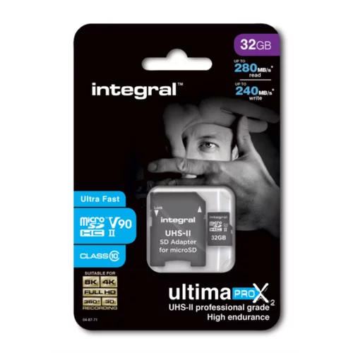 Integral Spominska kartica Micro SDHC V90 UHS-II, 32 GB + adapter