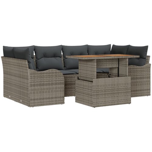 VidaXL 7-dijelni Vrtni Sofa Set s Jastucima Siva Poli Ratan Akacija, Dvosjedni Vrtni Sofa s Jastucima Siva Poli Ratan Slike