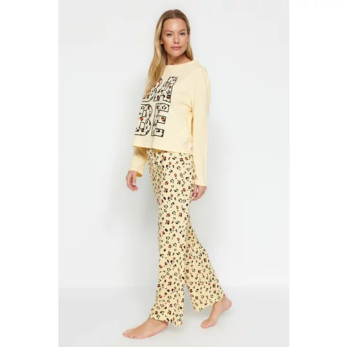 Trendyol Yellow 100% Cotton T-shirt-Pants and Knitted Pajamas Set