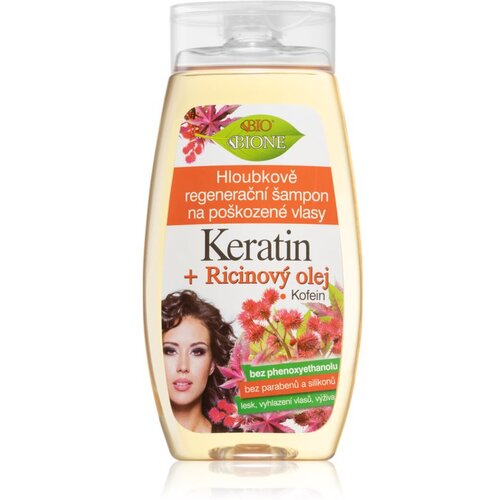 Bione Cosmetics Keratin + Ricinov&amp;yacute; olej globinsko regeneracijski &amp;scaron;ampon za lase 260 ml Slike