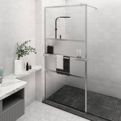 VidaXL Pregrada za tu&amp;scaron; s polico krom 115x195 cm ESG steklo in aluminij Slike