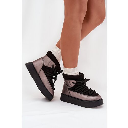 Boto Low Women's Snow Boots Insulated With Fur With Thick Lacing Black Xarina Cene
