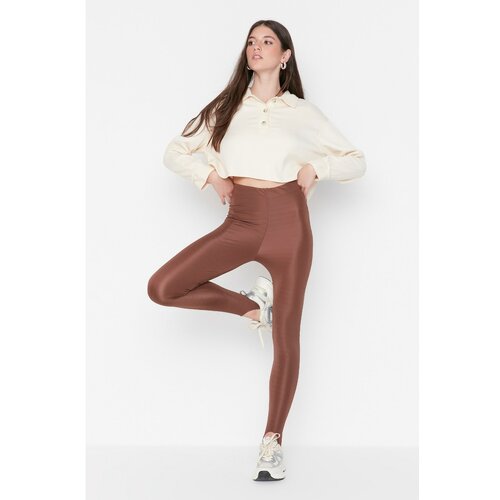 Trendyol Brown Stripe Detailed Shiny Knitted Leggings Slike