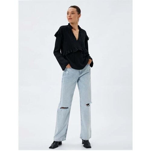  Long Sleeve Blouse Frilly V-Neck Tie Detail Cotton Black Slike