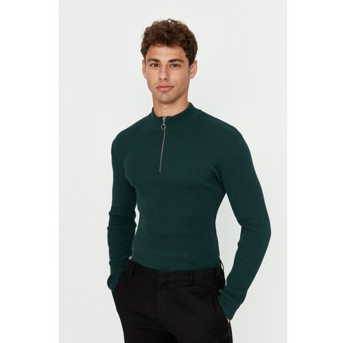 Trendyol Emerald Green Men's Fitted Slim Fit Half Turtleneck Zipper Corduroy Sweater Slike