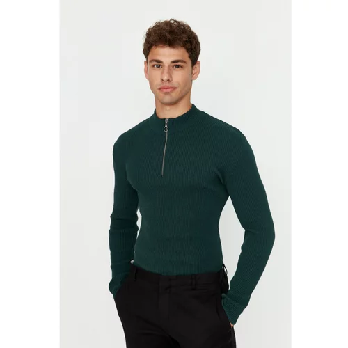 Trendyol Emerald Green Men's Fitted Slim Fit Half Turtleneck Zipper Corduroy Sweater